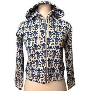 Roller Rabbit Monkey Full Zip Hoodie Kids Blue White Y2K Long Sleeve - 10Y